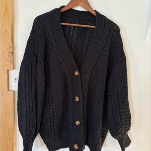 SHEIN Black Button-Up Cable Knit Cardigan